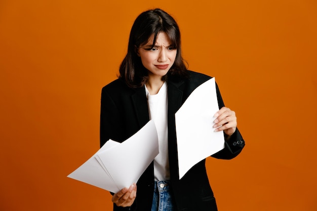 Free Application Letter Templates - Thinking Holding Papers Young Beautiful Female Wearing Black Jacket Isolated Orange Background 141793 136139 